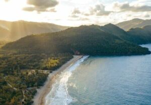 sunset aerial view of bay in dominica