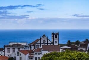 atlantic ocean in the azores with old buildings