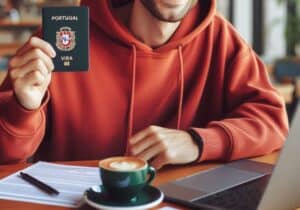 Smiling person in an orange hoodie holding a Portuguese visa booklet at a table with coffee and a laptop.
