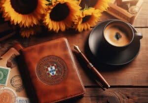 Leather passport holder with the Portuguese coat of arms, a pen, coffee cup, and sunflowers on a wooden table.