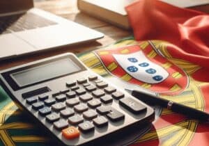 Calculator, pen, and laptop on a desk with the Portuguese flag partially spread out underneath.