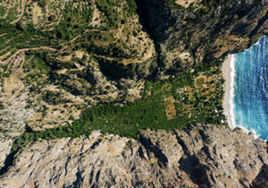 Aerial view of Lycian Way Turkey with valley and ocean 