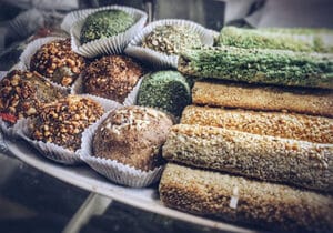 Turkish food stacked on a white plate 