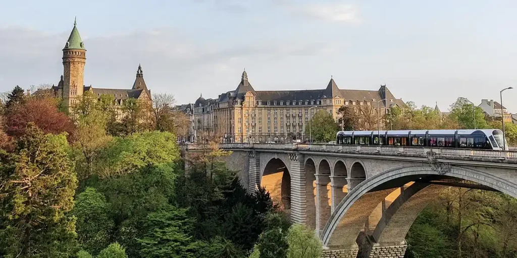 Electric tram and a castle in Luxembourg