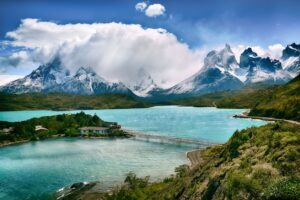 Mountain lake with an island in Torres del Paine National Park, Chile - safest Latin American countries