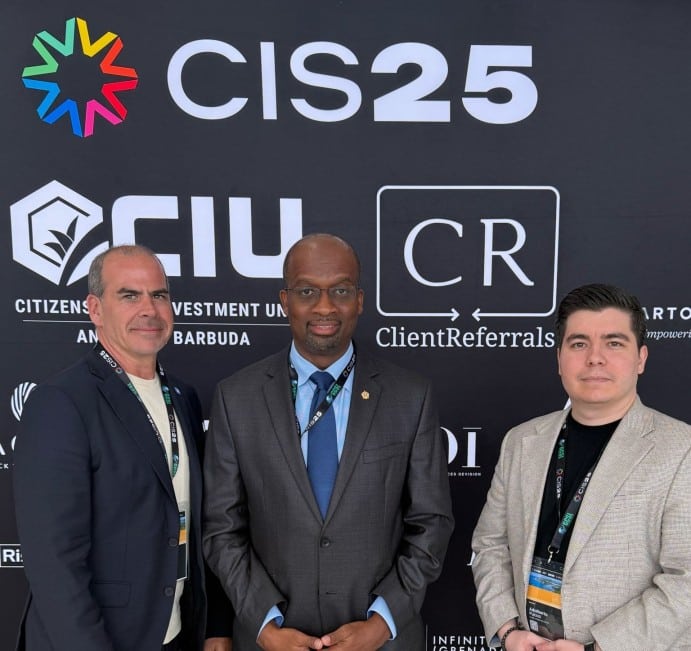Joe Rice and Adalberto Pucca from Global Citizen Solutions with CEO of St Kitts and Nevis CIU H.E. Calvin St Juste