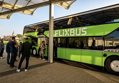 a Flixbus and passengers in Portugal