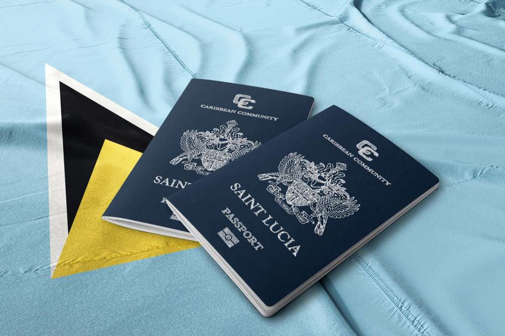two st lucia passports on a st lucian and nevis flag