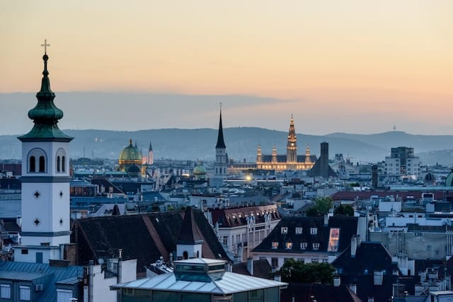 Aerial view of Vienna in Austria at dusk - best retirement countries for U.S. citizens