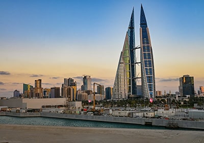 Bahrain World Trade Center (BWTC) at dusk - safe Middle Eastern countries