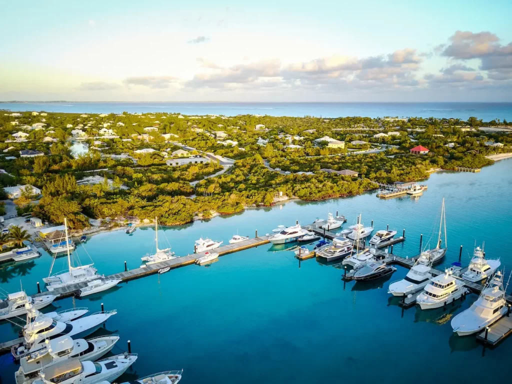 A marina with several boats docked peacefully in the water under a clear blue sky.