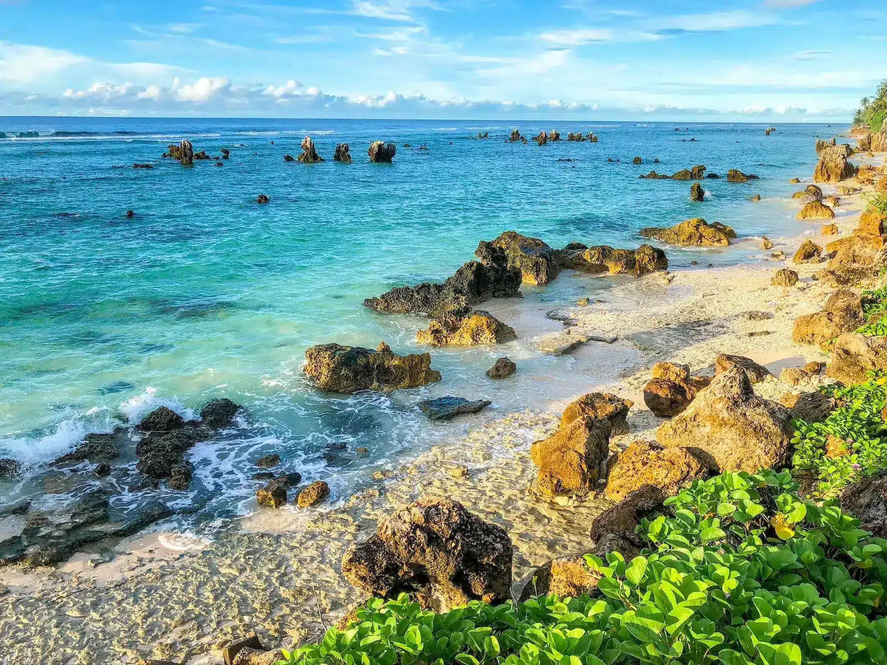 A scenic beach featuring rocky formations and lush green vegetation along the shoreline.