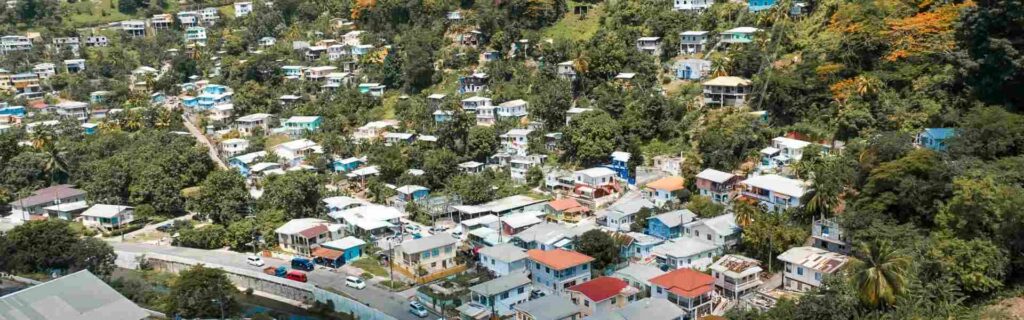 aerial view of valley and houses in st lucia