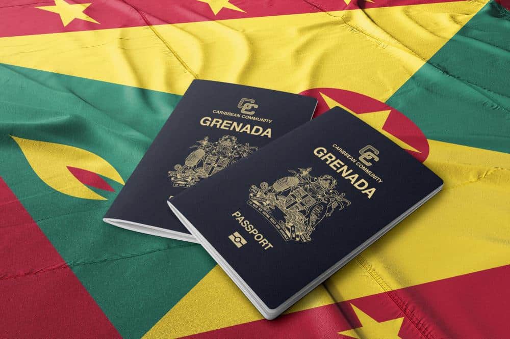 two grenada passports on a grenadian flag