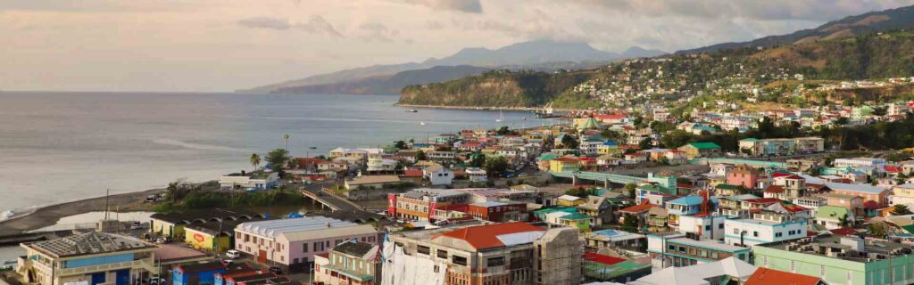 waterfront and sunset view of roseau, dominica