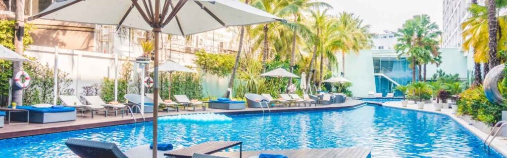 pool view and deck chairs at a luxury resort in st kitts
