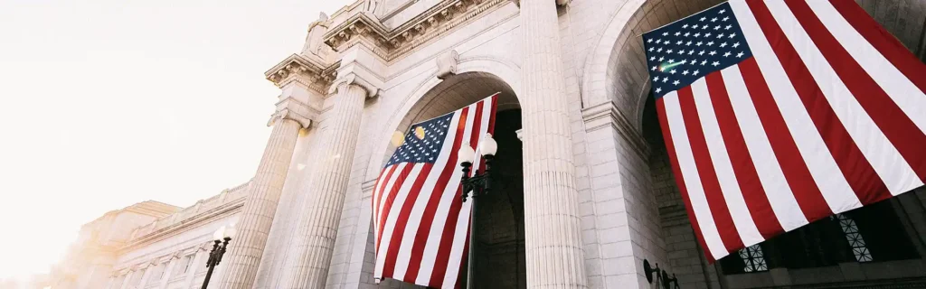 USA flags on a building