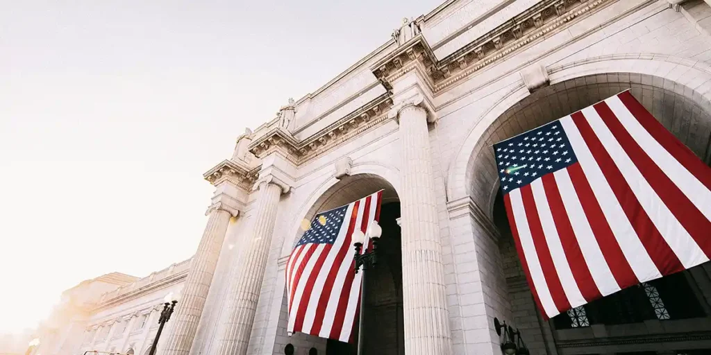 USA flags on a building