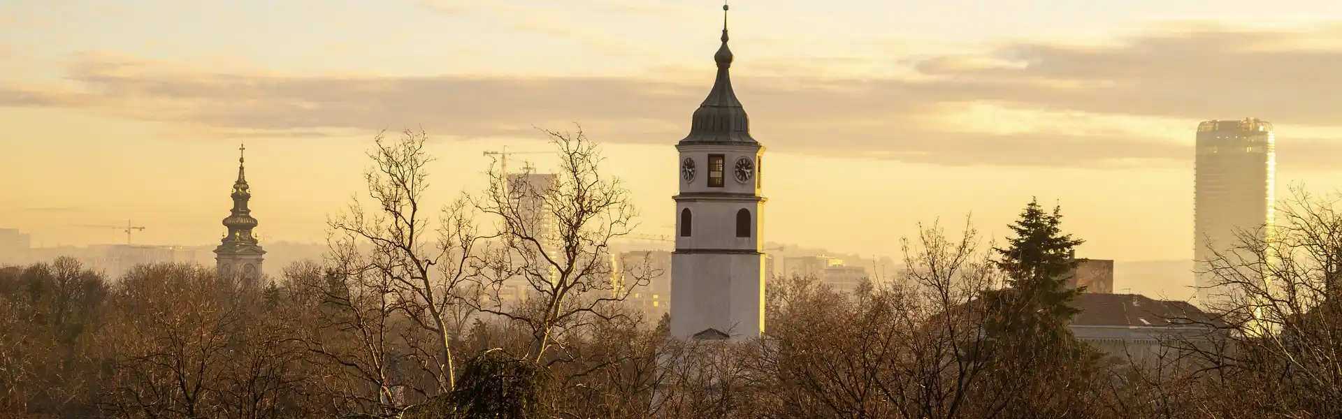 View of towers in Belgrade, Serbia, during sunrise