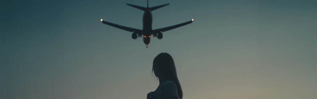 woman looking to a plane flying